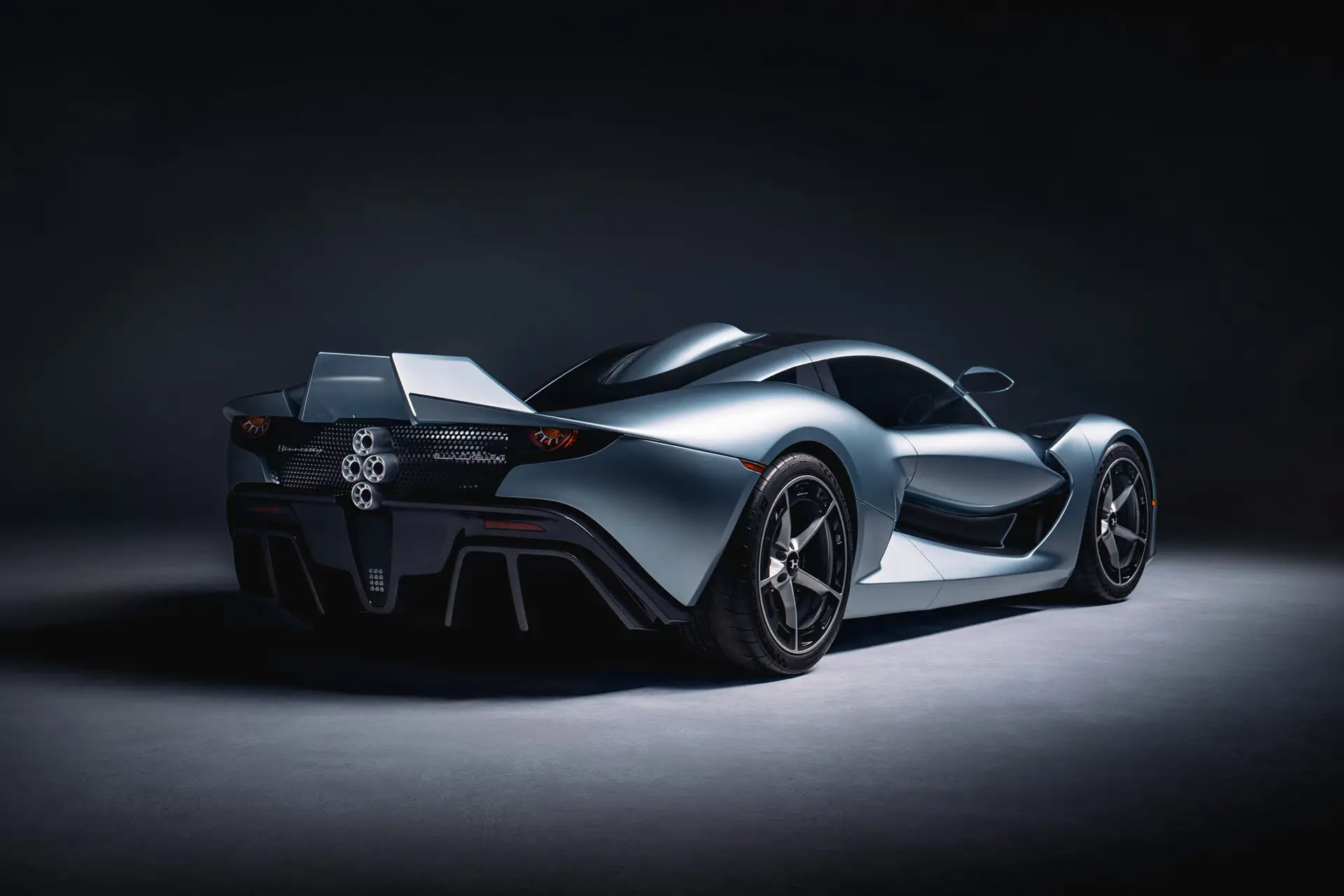 The Hennessey Blackbird hypercar showing its SR-71 inspired carbon fiber body and active vertical stabilizers.